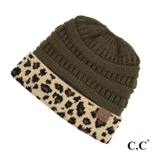 C.c Ponytail Beanie- Olive and Leopard